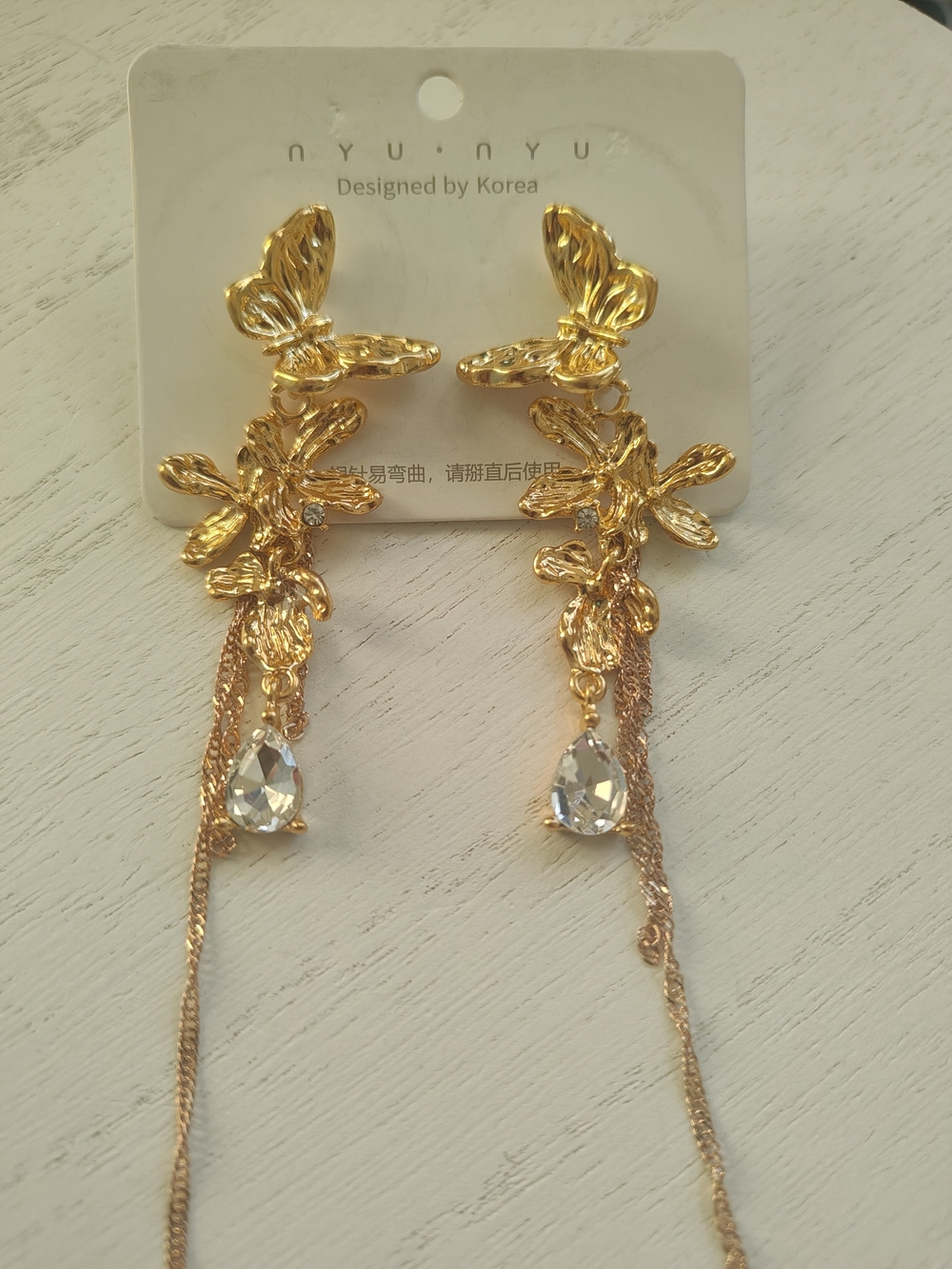 Gold Butterfly Drop Earrings with Crystal Teardrops